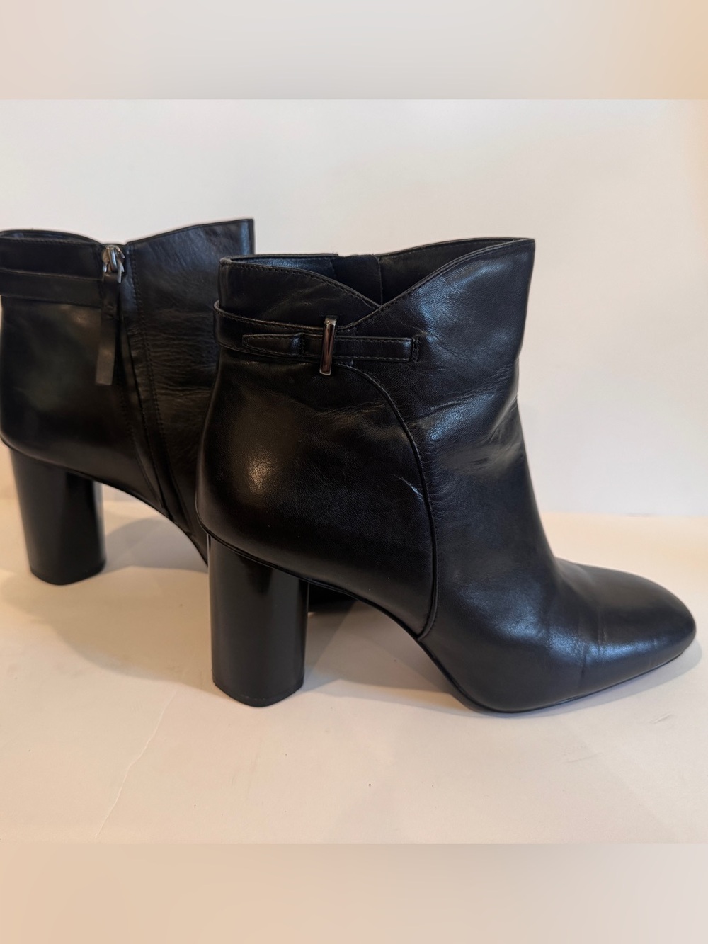 Nine West Black Leather Ankle Booties with Rounded Block Heel